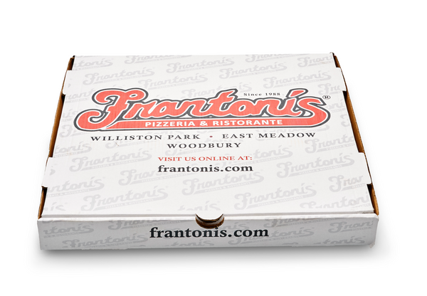 White custom pizza box with Franton's Pizzeria branding on a white background - Avco Boxes